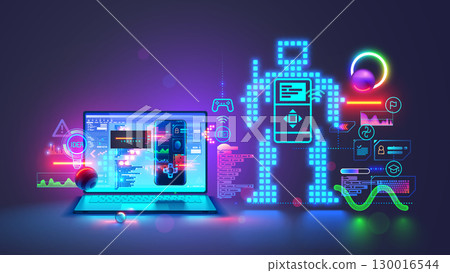 Kids coding. Kids science. Kids learning to coding, programming Robot toy in online IT school. Engineering courses in internet for children. Kids studying robotics technology, coding on laptop. 130016544