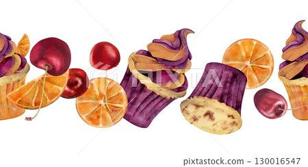 Whipped cream topped cupcakes, muffins with citrus mousse swirl, orange slices and ripe cherry berries hand painted in watercolor. Seamless tiles, repeatable menu borders and banners, baking headers 130016547