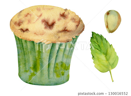 Watercolor cupcake in craft paper wrapper, artisanal baked muffin in frilled cup with fresh mint leaf, pistachio nut kernel. Isolated hand drawn illustration for culinary stickers, food-themed packs. Watercolor cupcake in craft paper wrapper, artisanal baked muffin in frilled cup with fresh mint leaf, pistachio nut kernel. Isolated hand drawn illustration for culinary stickers, food-themed packs. 130016552
