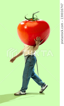 Digital collage of man walking, holding giant tomato on green background. 130016747