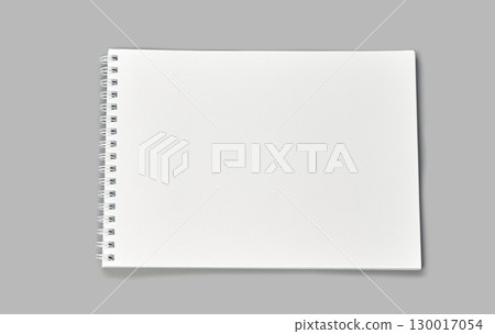 Blank spiral notebook on gray background with open white pages for sketching 130017054