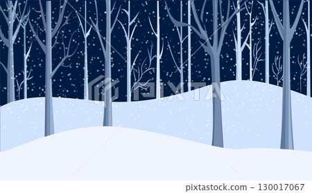 A tranquil winter landscape depicts a serene snowy terrain adorned with towering bare trees. Snowflakes gently fall against a deep blue night sky, creating a peaceful atmosphere A tranquil winter landscape depicts a serene snowy terrain adorned with towering bare trees. Snowflakes gently fall against a deep blue night sky, creating a peaceful atmosphere 130017067