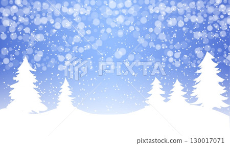 This winter landscape illustration showcases a tranquil setting with snowflakes gently falling against a soft blue backdrop. Snow-covered trees create a peaceful and festive atmosphere 130017071