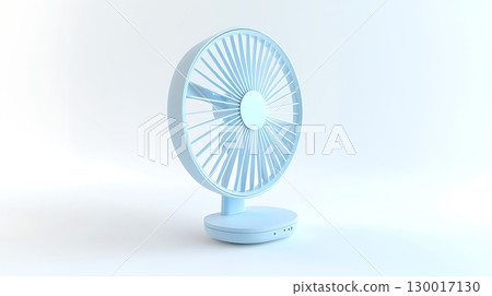 A white fan with blue blades sits on a white background 130017130