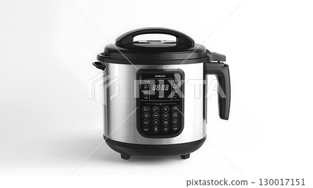 A silver pressure cooker with a timer and a black handle 130017151