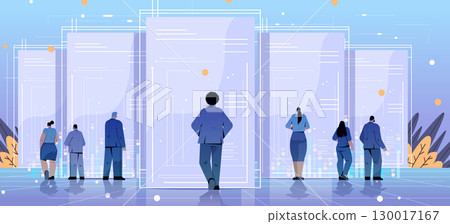 Job applicants recruitment process diverse business people standing in front of large digital resumes futuristic office environment blue abstract background Job applicants recruitment process diverse business people standing in front of large digital resumes futuristic office environment blue abstract background 130017167