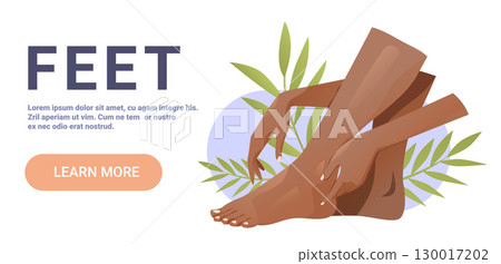 Feet care wellness hands touching legs leaves abstract background modern web banner 130017202