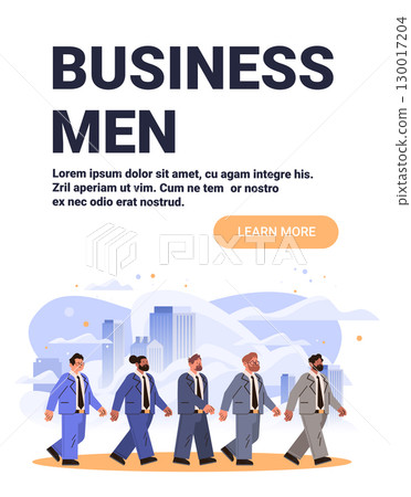 Business men teamwork cityscape background group of diverse businessmen walking together modern office buildings clouds abstract shapes website banner 130017204