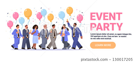 Event party celebration business people balloons confetti group holding drinks festive atmosphere flat style website banner Event party celebration business people balloons confetti group holding drinks festive atmosphere flat style website banner 130017205