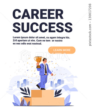 Career success business achievement winner holding trophy standing on podium confetti cityscape background modern flat website banner 130017208