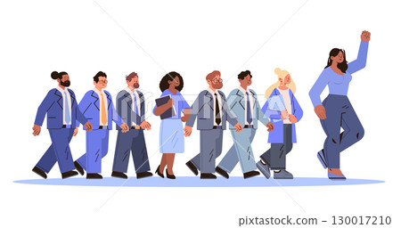 Business team leadership diverse professionals following confident woman leader group walking together corporate teamwork concept modern flat design Business team leadership diverse professionals following confident woman leader group walking together corporate teamwork concept modern flat design 130017210