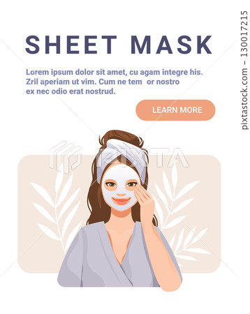 Woman facial sheet mask skincare self-care spa routine healthy skin beauty relaxing at home towel on head soft colors abstract botanical background website banner 130017215