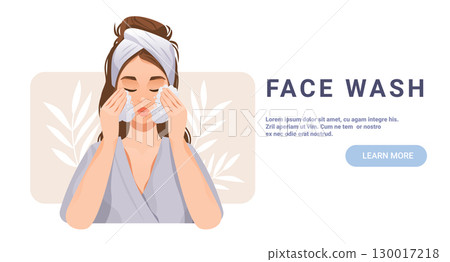 Woman facial cleansing skincare routine beauty wellness girl washing face with foam wearing headband bathroom background soft colors website banner Woman facial cleansing skincare routine beauty wellness girl washing face with foam wearing headband bathroom background soft colors website banner 130017218