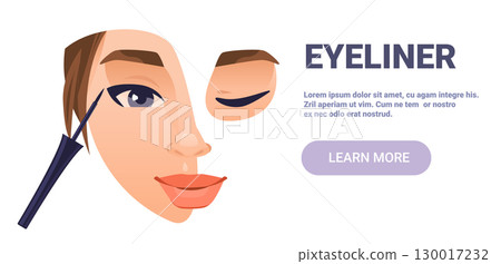 Eyeliner makeup application closeup female face cosmetic brush bold eyes beauty product clean background website banner 130017232