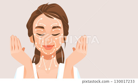 Facial massage skincare routine woman with arrows showing massage directions healthy skin self-care beauty concept pastel background 130017233
