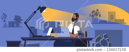 Businessman working late office desk lamp computer night workspace plants modern interior blue yellow color scheme website banner Businessman working late office desk lamp computer night workspace plants modern interior blue yellow color scheme website banner 130017239