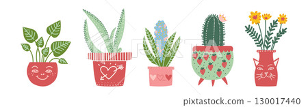 Plant Grow in Flowerpot as Home Garden Vector Set Plant Grow in Flowerpot as Home Garden Vector Set 130017440
