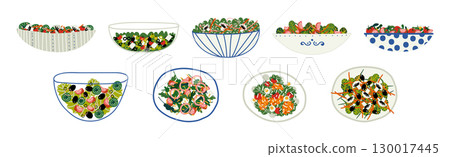 Fresh Tasty Salad in Plate and Bowl with Vegetables Vector Set 130017445