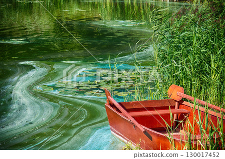 The polluted lake showcases the devastating effects of wastewater and ecological disaster. The polluted lake showcases the devastating effects of wastewater and ecological disaster. 130017452