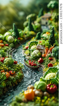 River with a boat carrying vegetables and fruits 130017476