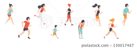 Man and Woman Run Marathon Engaged in Competition Vector Set 130017487