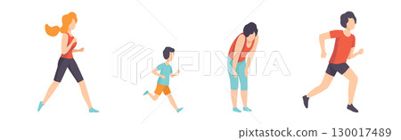 Man and Woman Run Marathon Engaged in Competition Vector Set Man and Woman Run Marathon Engaged in Competition Vector Set 130017489