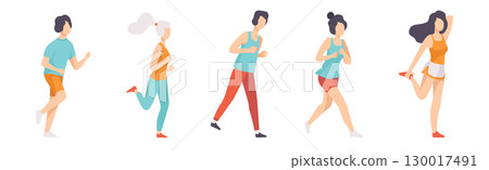 Man and Woman Run Marathon Engaged in Competition Vector Set Man and Woman Run Marathon Engaged in Competition Vector Set 130017491
