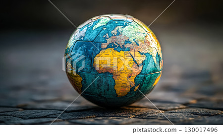 Globe is sitting on a stone surface 130017496