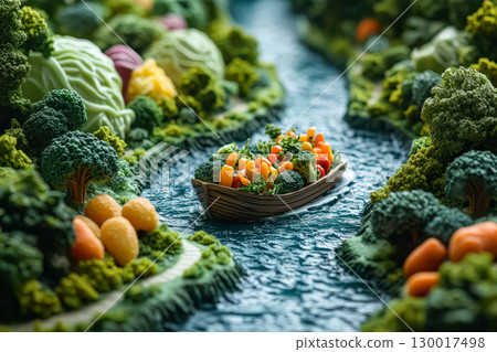 Boat is floating down a river with a variety of vegetables on board 130017498