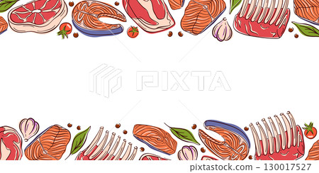 Border design with flat style raw meat, salmon, garlic, tomato, pepper and herbs on white background. Perfect for restaurant website and food package. 130017527