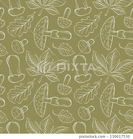 Seamless pattern of line art mushroom and autumn leaves on olive green background. Natural autumn design for food packaging, menu design and seasonal culinary book. 130017530