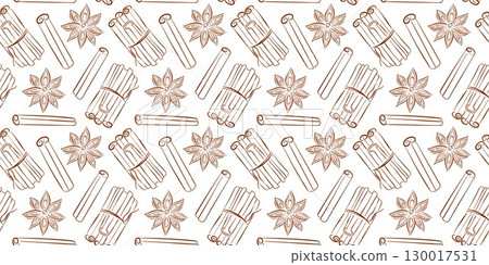 Seamless line art style pattern with cinnamon stick and star anise. Perfect for spice design, food packaging, background, textile and cozy seasonal kitchen or culinary project. Seamless line art style pattern with cinnamon stick and star anise. Perfect for spice design, food packaging, background, textile and cozy seasonal kitchen or culinary project. 130017531