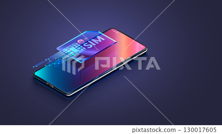Esim icon over mobile phone in 3d isometric. digital virtual electronic sim card over screen of modern smart phone. Esim technology concept. 130017605