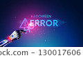 A poster for a Halloween themed party on artificial intelligence or AI, robots, computer technology. The robot hand changes the word error to the word horror. Horror party on Halloween in future style 130017606