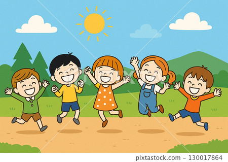 Children jumping in nature 130017864