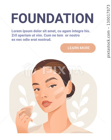 Foundation makeup application woman face natural beauty skincare routine holding sponge soft beige background leaves modern web banner Foundation makeup application woman face natural beauty skincare routine holding sponge soft beige background leaves modern web banner 130017873