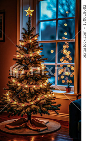 Christmas tree lit up next to a window. Christmas tree decorated with glowing lights stands near a large window, reflecting a bokeh effect outside. 130018082