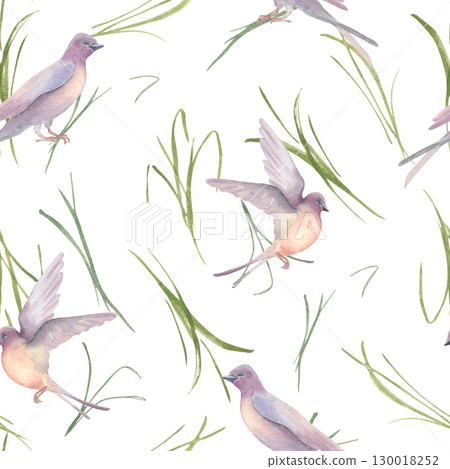 Hand painted watercolor grasses and swallows in soft spring greens. Fresh Spring Meadow Seamless Pattern. Brushstrokes as scattered wild herbs and birds in flight. Minimalist botanical repeat. Hand painted watercolor grasses and swallows in soft spring greens. Fresh Spring Meadow Seamless Pattern. Brushstrokes as scattered wild herbs and birds in flight. Minimalist botanical repeat. 130018252