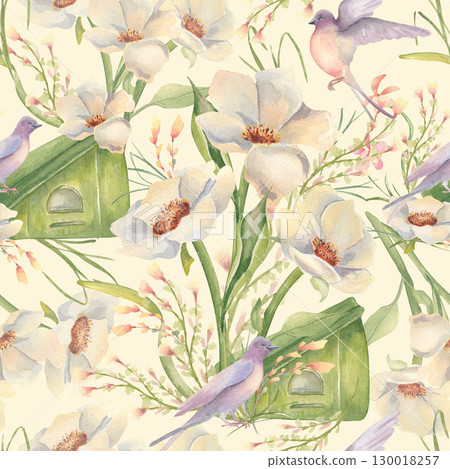 Watercolor seamless spring pattern with creamy anemones, peonies and swallows. Delicate garden repeat design with birdhouse and lush floral greenery hand painted. Endless botanical print for girly. Watercolor seamless spring pattern with creamy anemones, peonies and swallows. Delicate garden repeat design with birdhouse and lush floral greenery hand painted. Endless botanical print for girly. 130018257