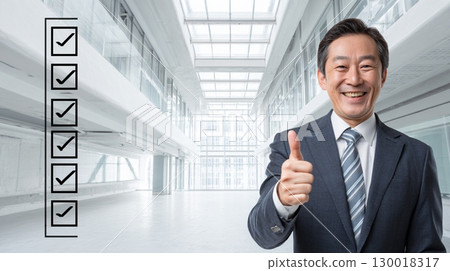 Businessman 2 giving a good sign with space to write 130018317