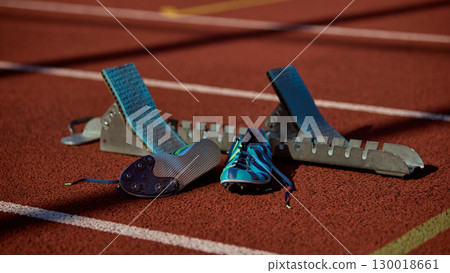 Athletic starting block and track shoes on running track in warm sunlight with sharp detail. Athletic starting block and track shoes on running track in warm sunlight with sharp detail. 130018661