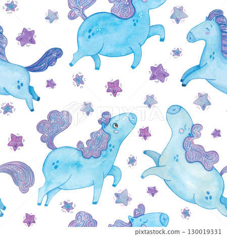 Seamless pattern with blue horses among purple stars. Watercolor illustration hand drawn, cartoon. Drawing for invitations, paper, textile. Symbol of the new year, 2026. children, kids, new year, Seamless pattern with blue horses among purple stars. Watercolor illustration hand drawn, cartoon. Drawing for invitations, paper, textile. Symbol of the new year, 2026. children, kids, new year, 130019331