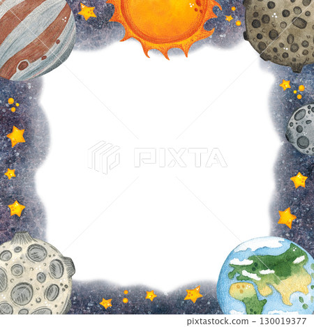 Planets, sun and stars fly in outer space, square frame, hand drawn watercolor illustration. Drawing for cards, photo frames, invitations, scrapbooking 130019377