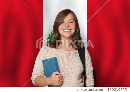 Happy woman student against Peruvian flag background. Travel, education and learn languge in Peru  130019755