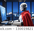 A robot operating a computer, wearing a red hero cape 130019821