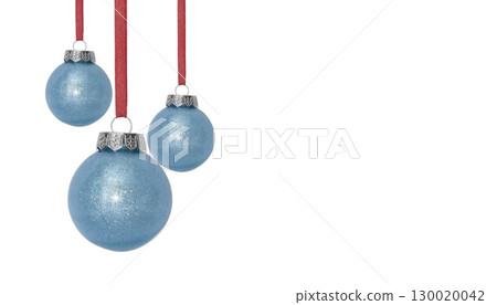Composition from three blue Christmas and New year balls hanging on ribbon, white background Composition from three blue Christmas and New year balls hanging on ribbon, white background 130020042