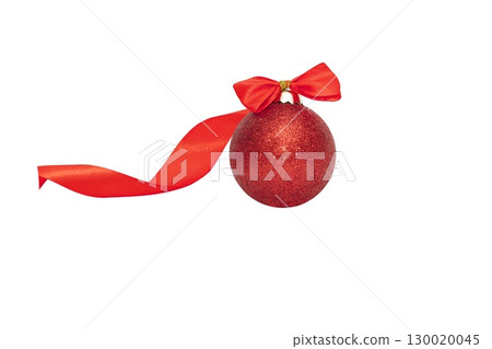 Composition from one red Christmas and New year balls with red ribbon, white background Composition from one red Christmas and New year balls with red ribbon, white background 130020045