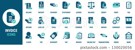 Invoice icon set. Containing receipt, bill, tax, paid, statement, accounting, transaction, barcode, financial, payment and more. Solid vector icons collection 130020056