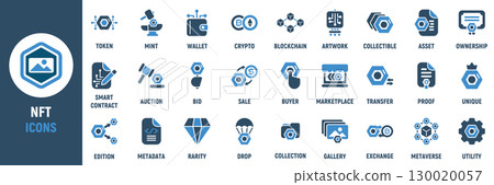 NFT icon set. Containing token, wallet, blockchain, artwork, collectible, auction, bid, sale, buyer, seller and more. Solid vector icons collection NFT icon set. Containing token, wallet, blockchain, artwork, collectible, auction, bid, sale, buyer, seller and more. Solid vector icons collection 130020057