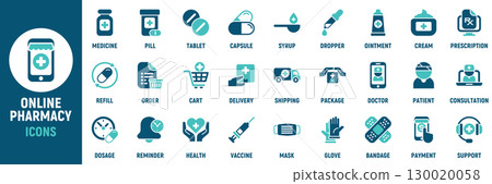 Online pharmacy icon set. Containing pill, tablet, capsule, prescription, order, cart, delivery, package, doctor, patient and more. Solid vector icons collection Online pharmacy icon set. Containing pill, tablet, capsule, prescription, order, cart, delivery, package, doctor, patient and more. Solid vector icons collection 130020058